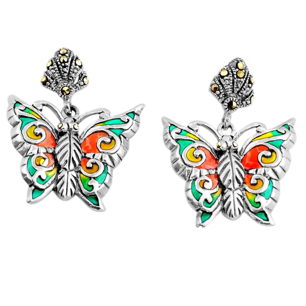 6.09gms swiss marcasite green orange enamel silver butterfly earrings c29596