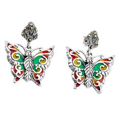 6.03gms swiss marcasite red green enamel 925 silver butterfly earrings c29591