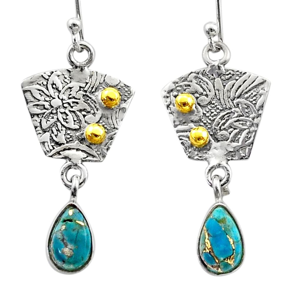 3.87cts victorian blue copper turquoise silver two tone dangle earrings t62696