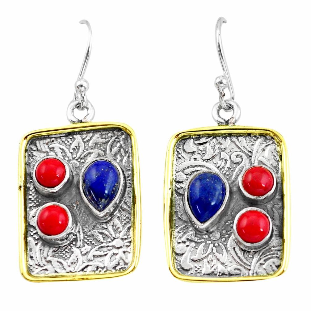 6.33cts victorian natural blue lapis lazuli 925 silver two tone earrings p56221