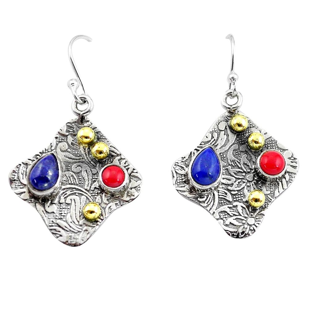 4.52cts victorian natural blue lapis lazuli 925 silver two tone earrings p56263