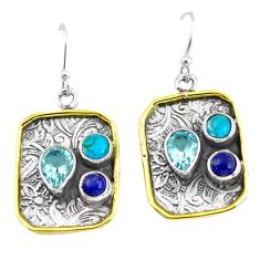 Clearance Sale- 6.80cts victorian natural blue topaz 925 silver two tone dangle earrings p56368