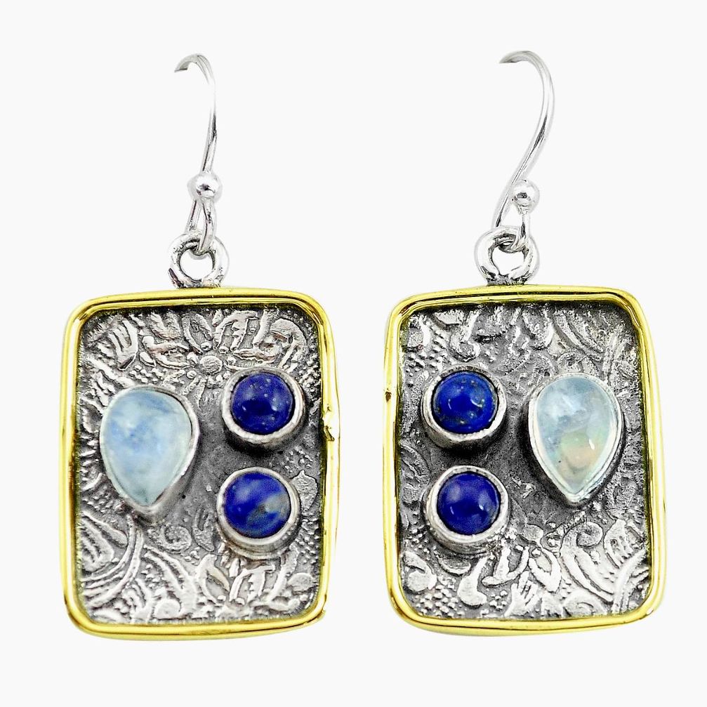 6.57cts victorian natural rainbow moonstone 925 silver two tone earrings p56239