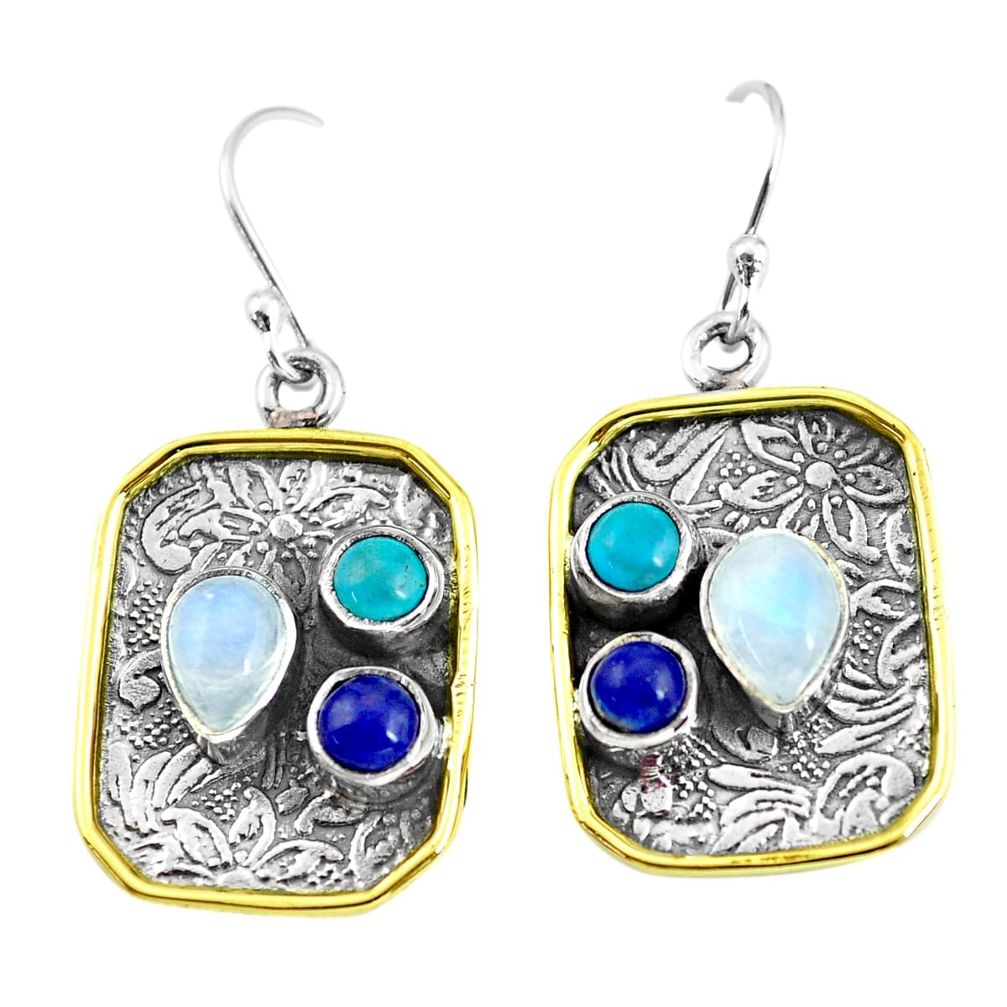 6.57cts victorian natural rainbow moonstone 925 silver two tone earrings p56371