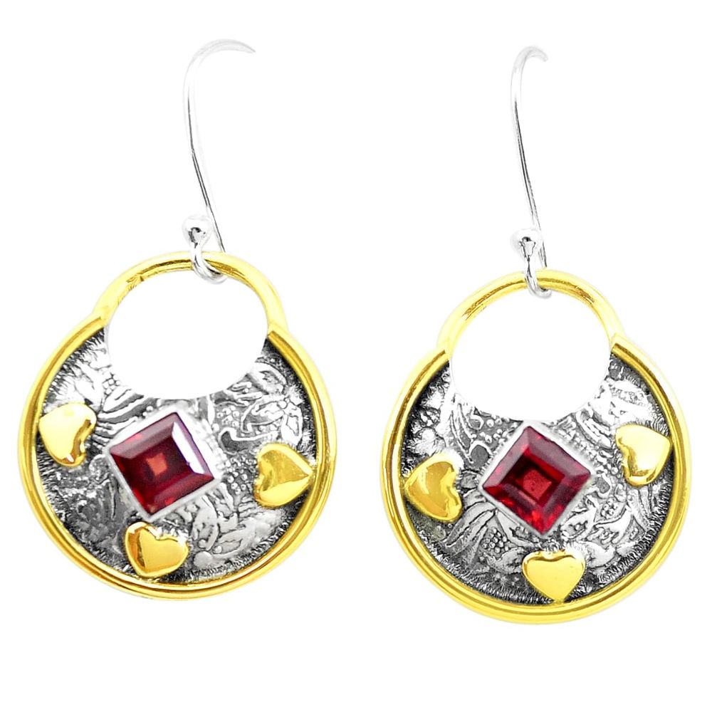 3.53cts victorian natural red garnet 925 silver two tone dangle earrings p26710