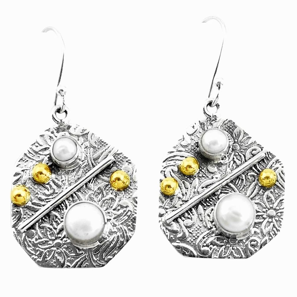 5.07cts victorian natural white pearl 925 silver two tone dangle earrings p26612