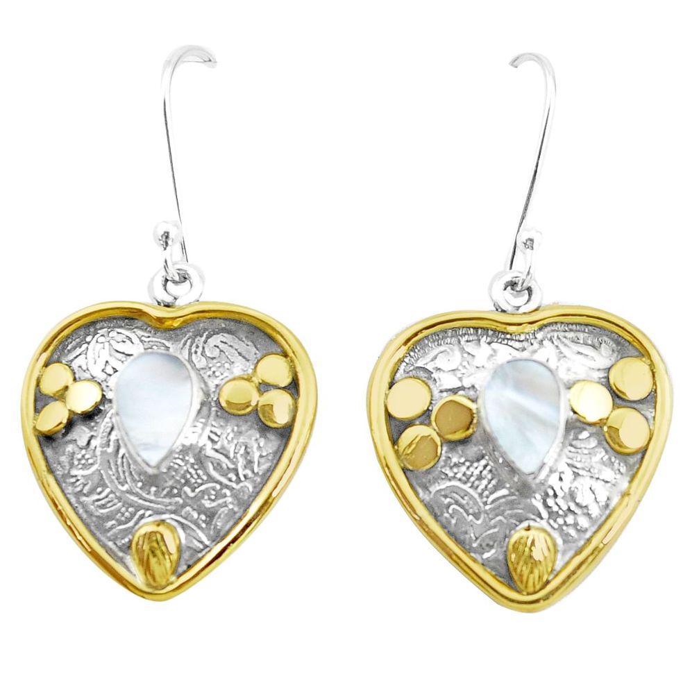 4.34cts victorian natural white pearl 925 silver two tone heart earrings p26679