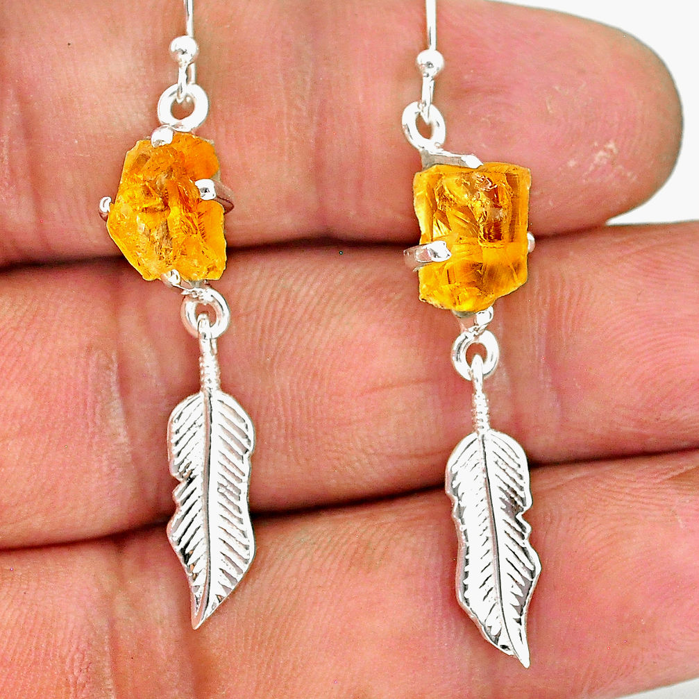 6.85cts yellow citrine raw 925 sterling silver deltoid leaf earrings r90756
