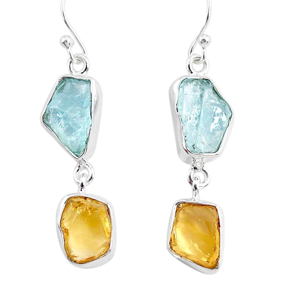 12.63cts yellow citrine raw aquamarine rough 925 silver dangle earrings r93672