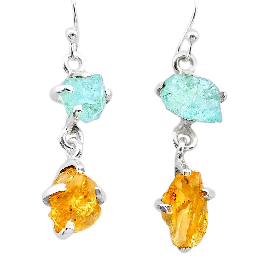 9.59cts yellow citrine rough aquamarine raw 925 silver dangle earrings t25654