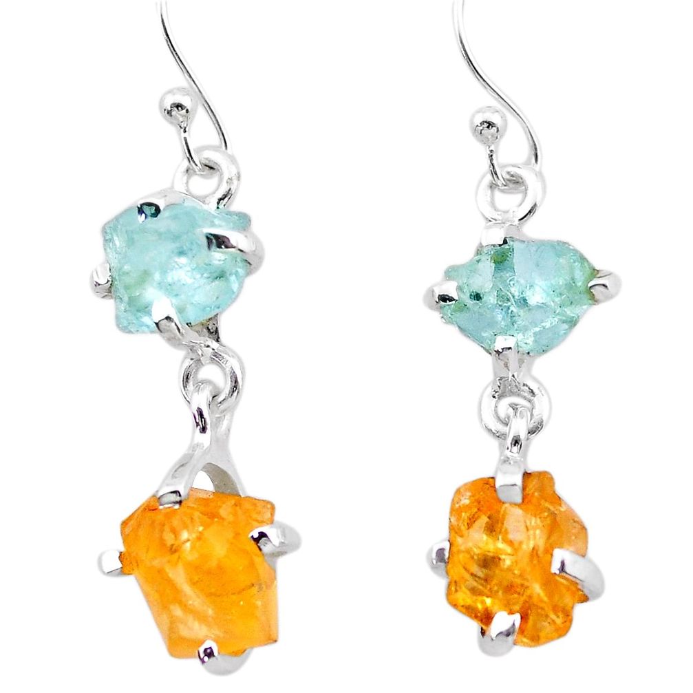 9.49cts yellow citrine rough aquamarine raw 925 silver dangle earrings t25655