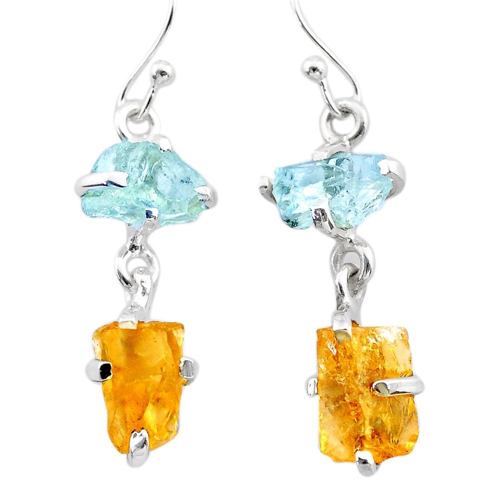 9.59cts yellow citrine rough aquamarine raw 925 silver dangle earrings t25660