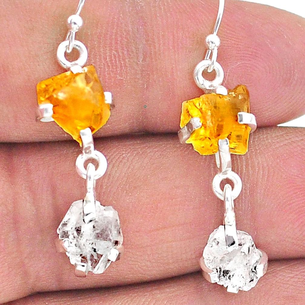 10.88cts yellow citrine raw herkimer diamond 925 silver dangle earrings t15291