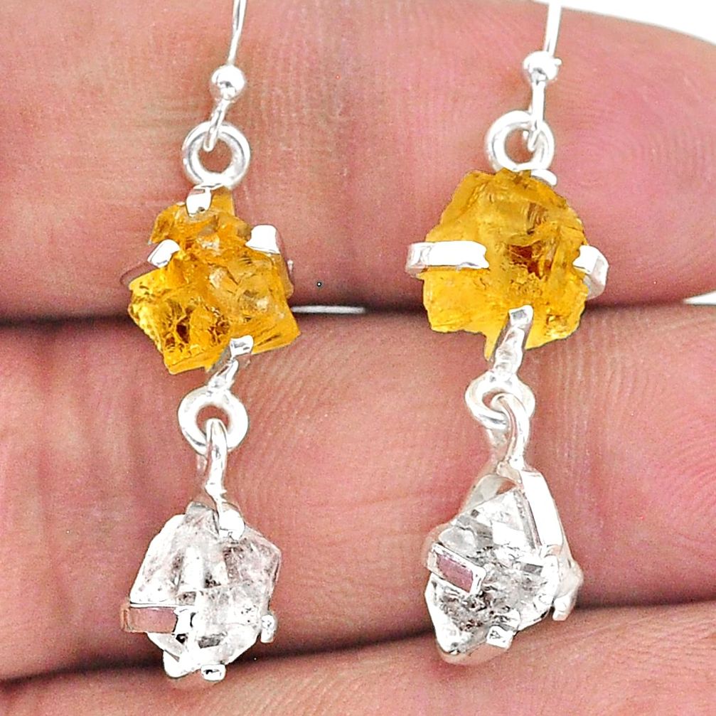 10.88cts yellow citrine raw herkimer diamond 925 silver dangle earrings t15293