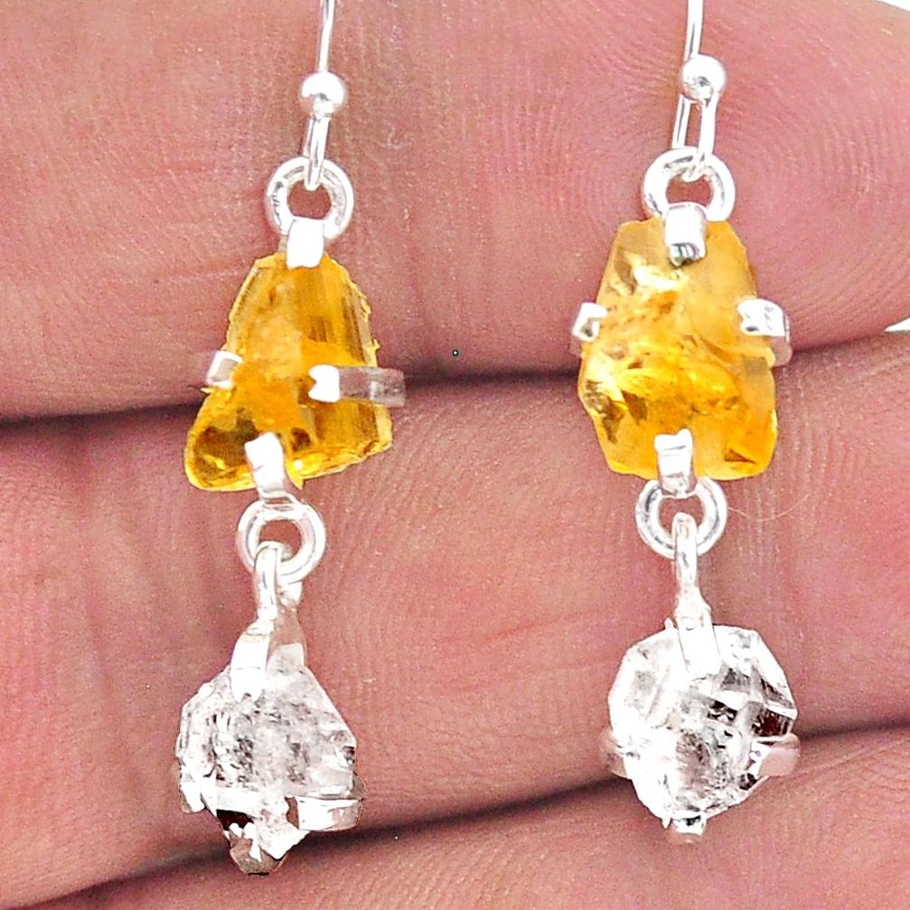 9.96cts yellow citrine raw herkimer diamond 925 silver dangle earrings t15296