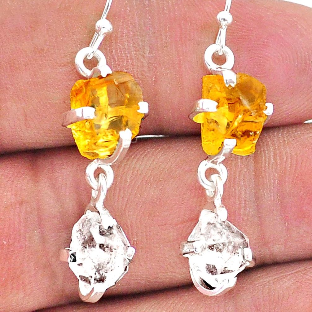 11.53cts yellow citrine raw herkimer diamond 925 silver dangle earrings t15297