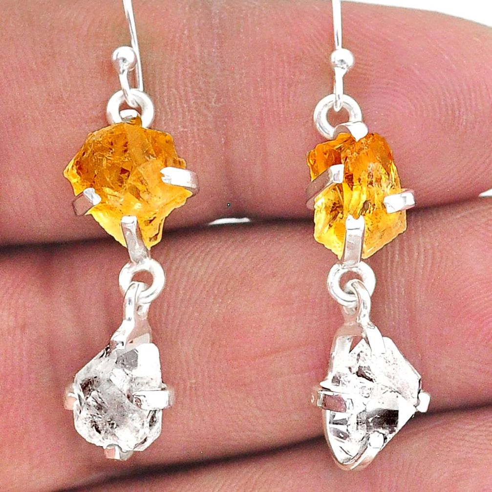 10.50cts yellow citrine raw herkimer diamond 925 silver dangle earrings t15299