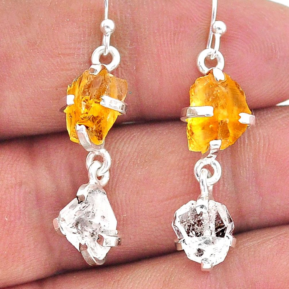 9.96cts yellow citrine raw herkimer diamond 925 silver dangle earrings t15300