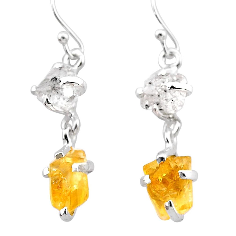 9.72cts yellow citrine rough herkimer diamond 925 silver dangle earrings t25590
