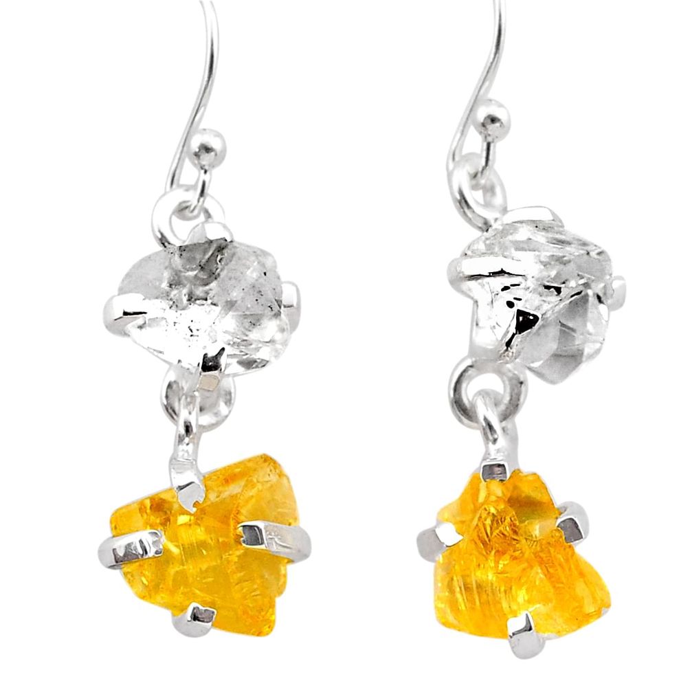 9.72cts yellow citrine rough herkimer diamond 925 silver dangle earrings t25598
