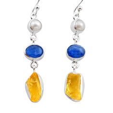 12.89cts yellow citrine raw kyanite pearl 925 silver dangle earrings t38272