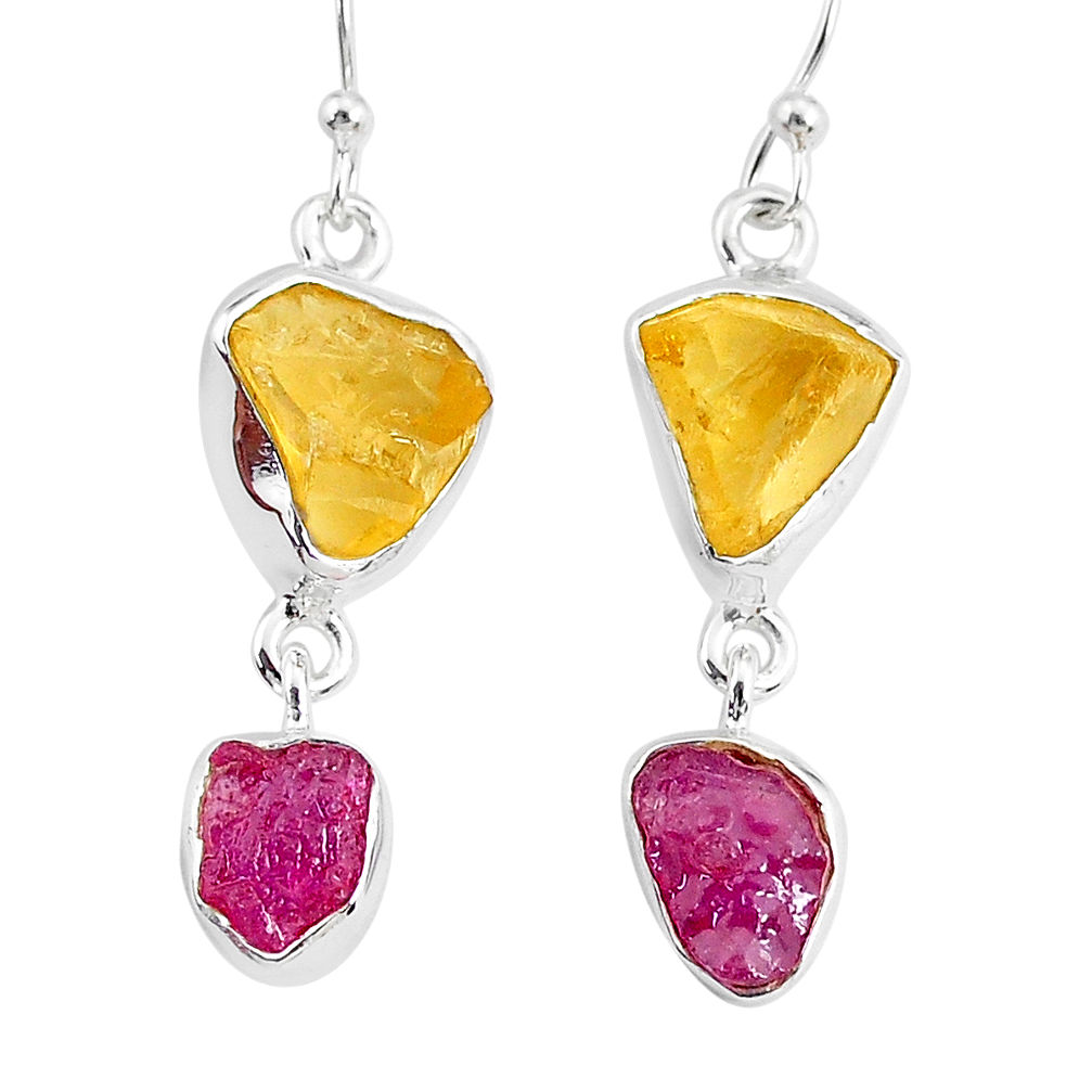 11.25cts yellow citrine raw ruby rough 925 silver dangle earrings r93681
