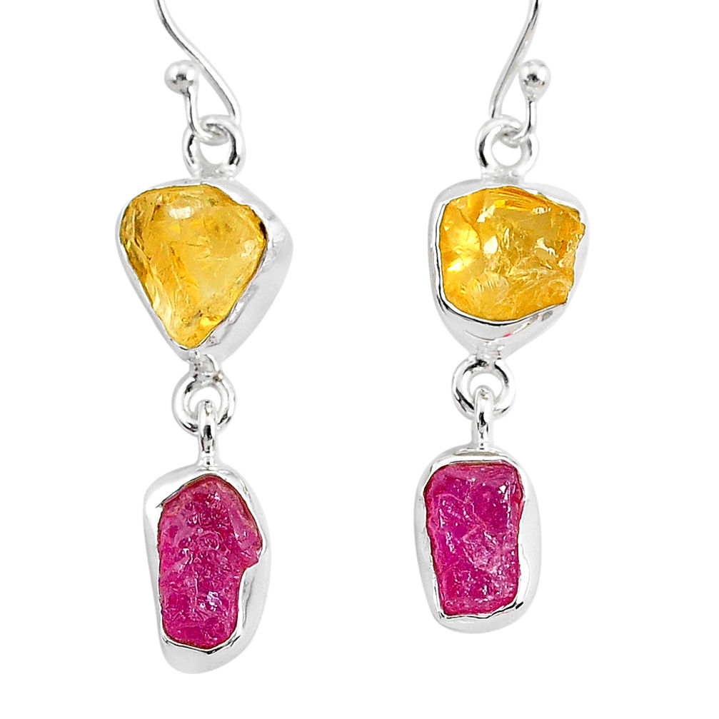 12.10cts yellow citrine raw ruby rough 925 silver dangle earrings r93682