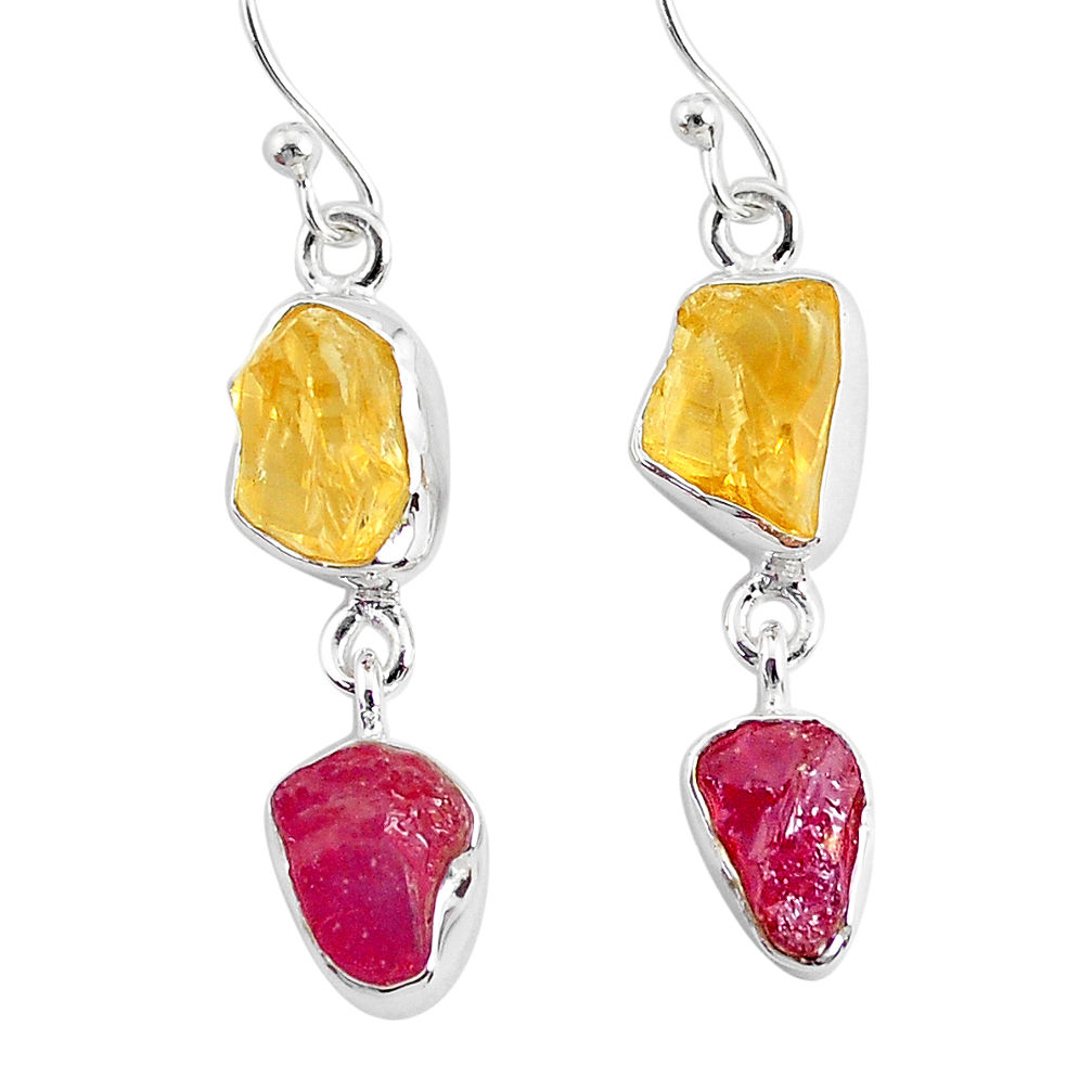 11.20cts yellow citrine raw ruby rough 925 silver dangle earrings r93688