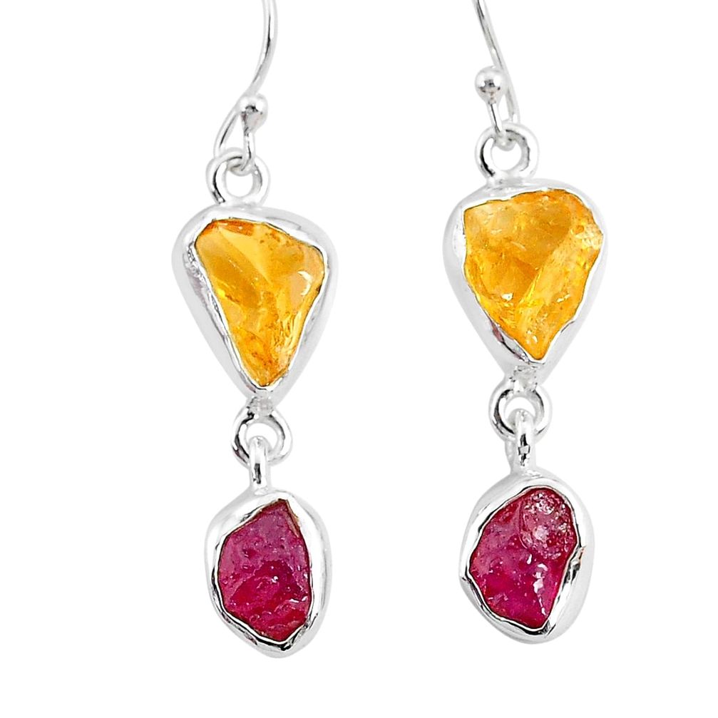11.25cts yellow citrine raw ruby rough 925 silver dangle earrings r93689