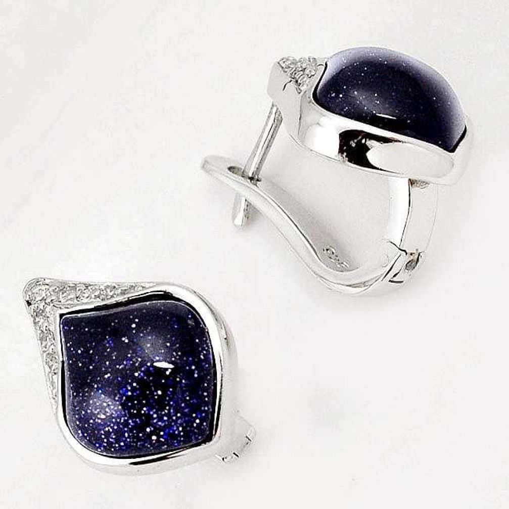 LUXURY NATURAL BLUE GOLDSTONE TOPAZ 925 STERLING SILVER STUD EARRINGS H15769