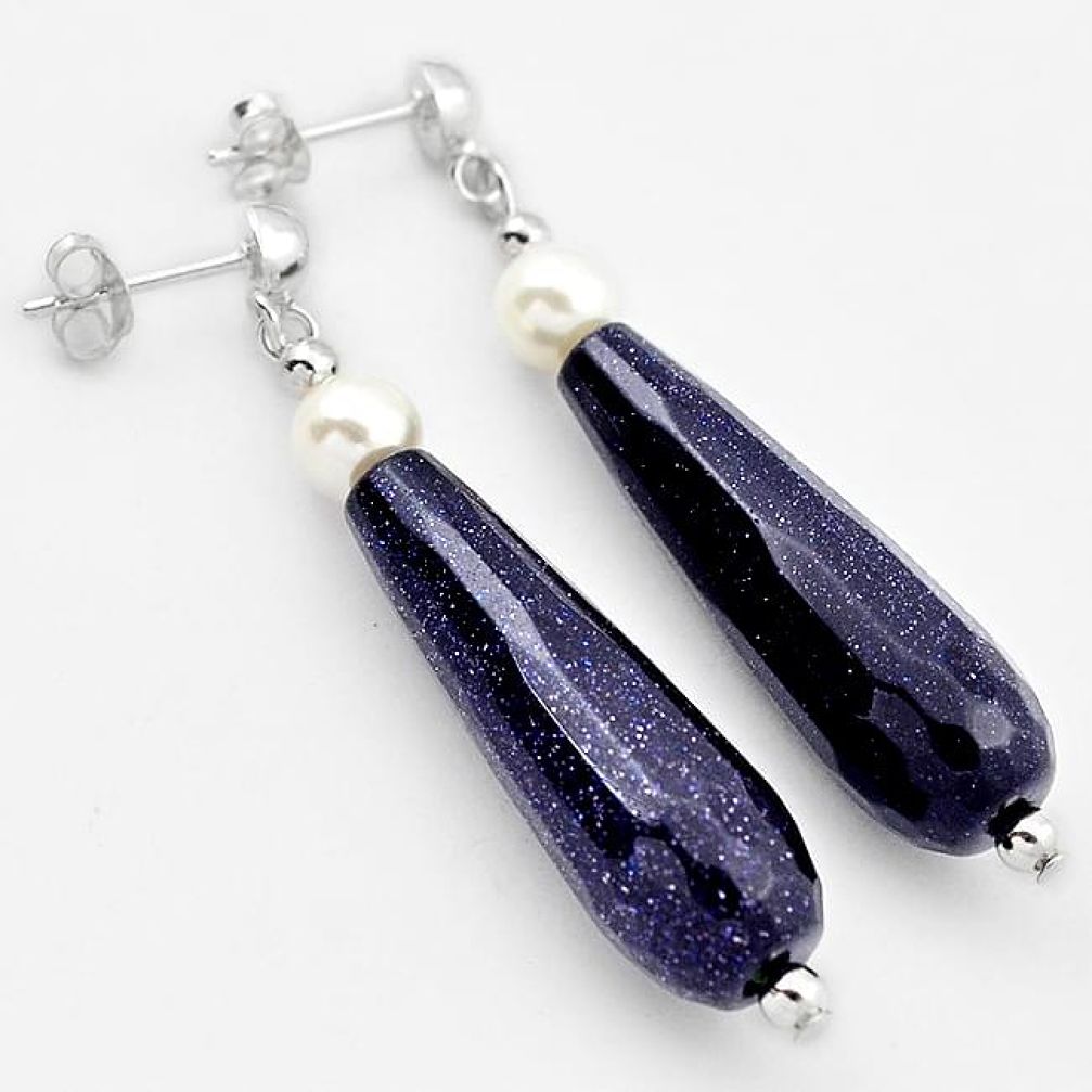 MAGICAL NATURAL BLUE GOLDSTONE PEARL 925 STERLING SILVER DANGLE EARRINGS H40180