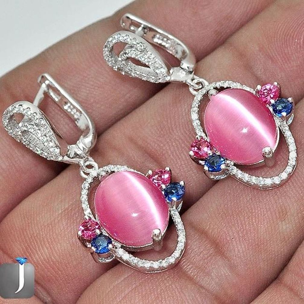 MAGICAL PINK CATS EYE SAPPHIRE QUARTZ 925 SILVER DANGLE EARRINGS JEWELRY G2348