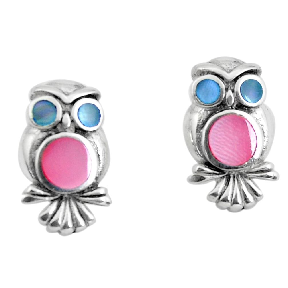 4.02gms multi color blister pearl enamel 925 sterling silver owl earrings c2568