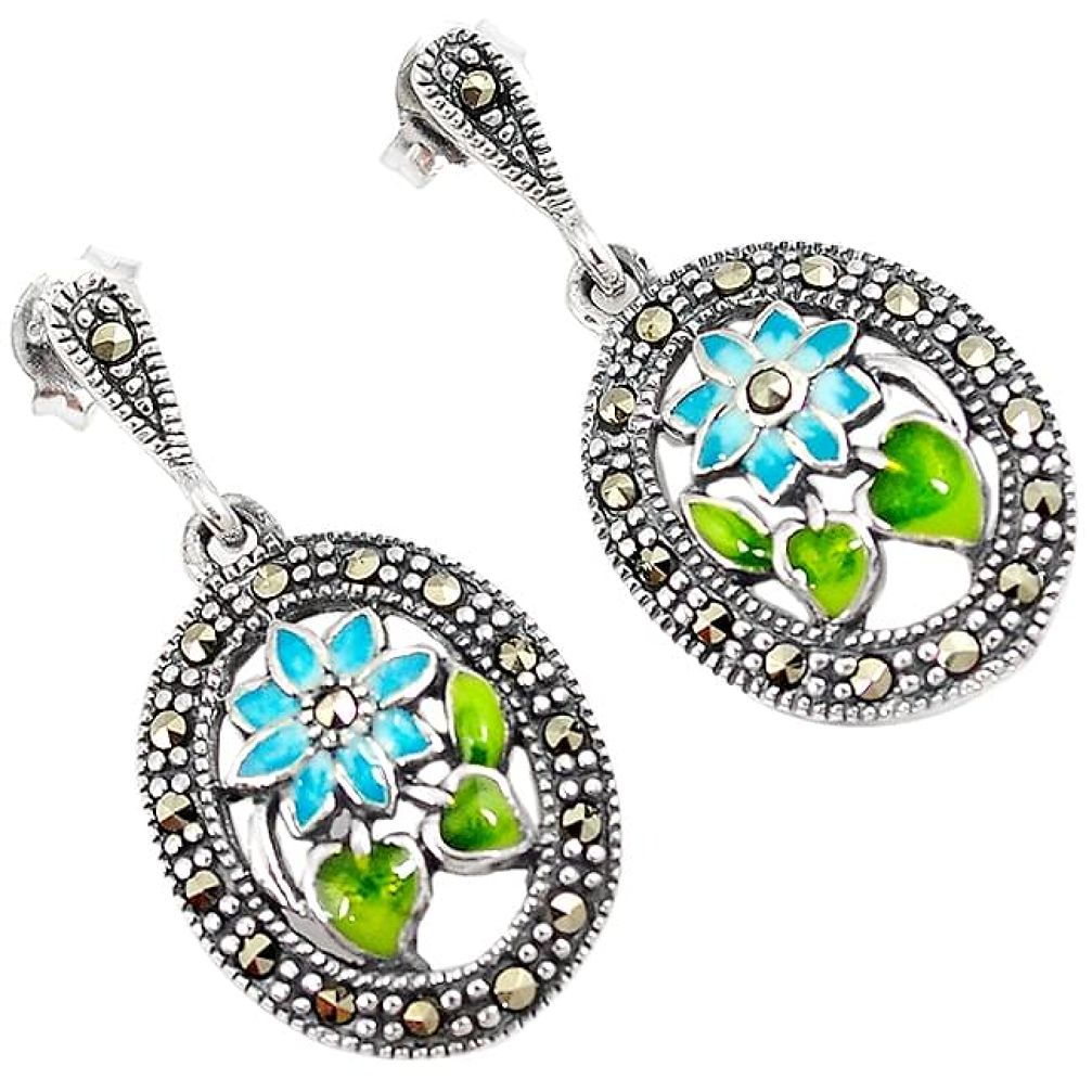 Multi color enamel marcasite 925 sterling silver flower earrings jewelry h55727