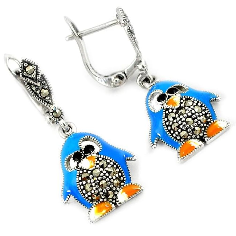 Multi color enamel marcasite penguin 925 sterling silver dangle earrings h48984