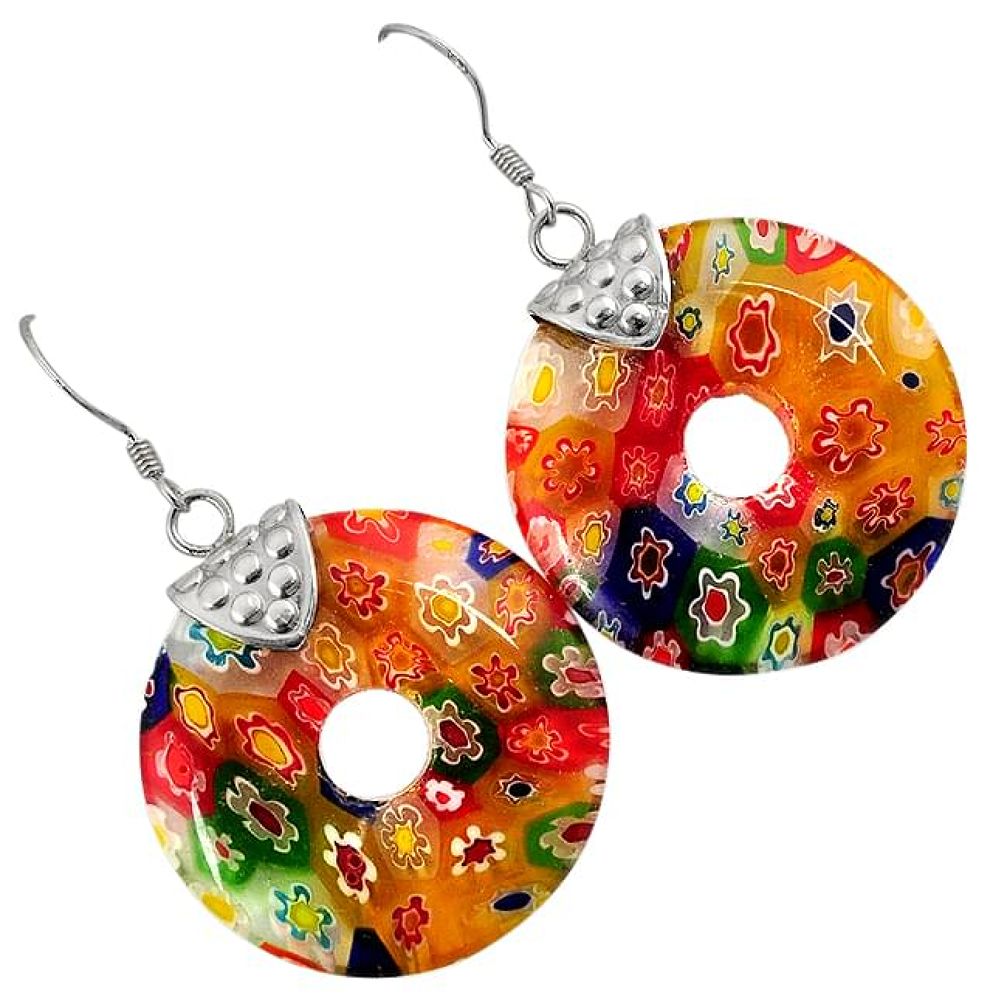 MULTI COLOR ITALIAN MURANO GLASS 925 SILVER DONUT SHAPE DANGLE EARRINGS H29722