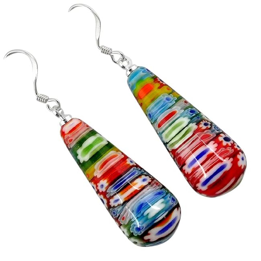 MULTI COLOR ITALIAN MURANO GLASS 925 SILVER TEARDROP DANGLE EARRINGS H29726