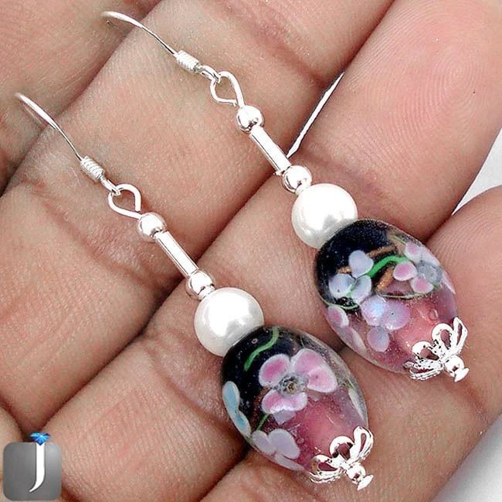 MULTICOLOR DICHROIC GLASS PEARL 925 STERLING SILVER DANGLE EARRINGS G42491