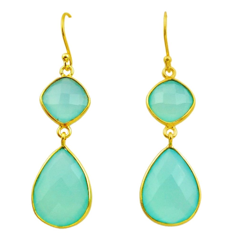 23.23cts natural aqua chalcedony 925 silver 14k gold dangle earrings p75232