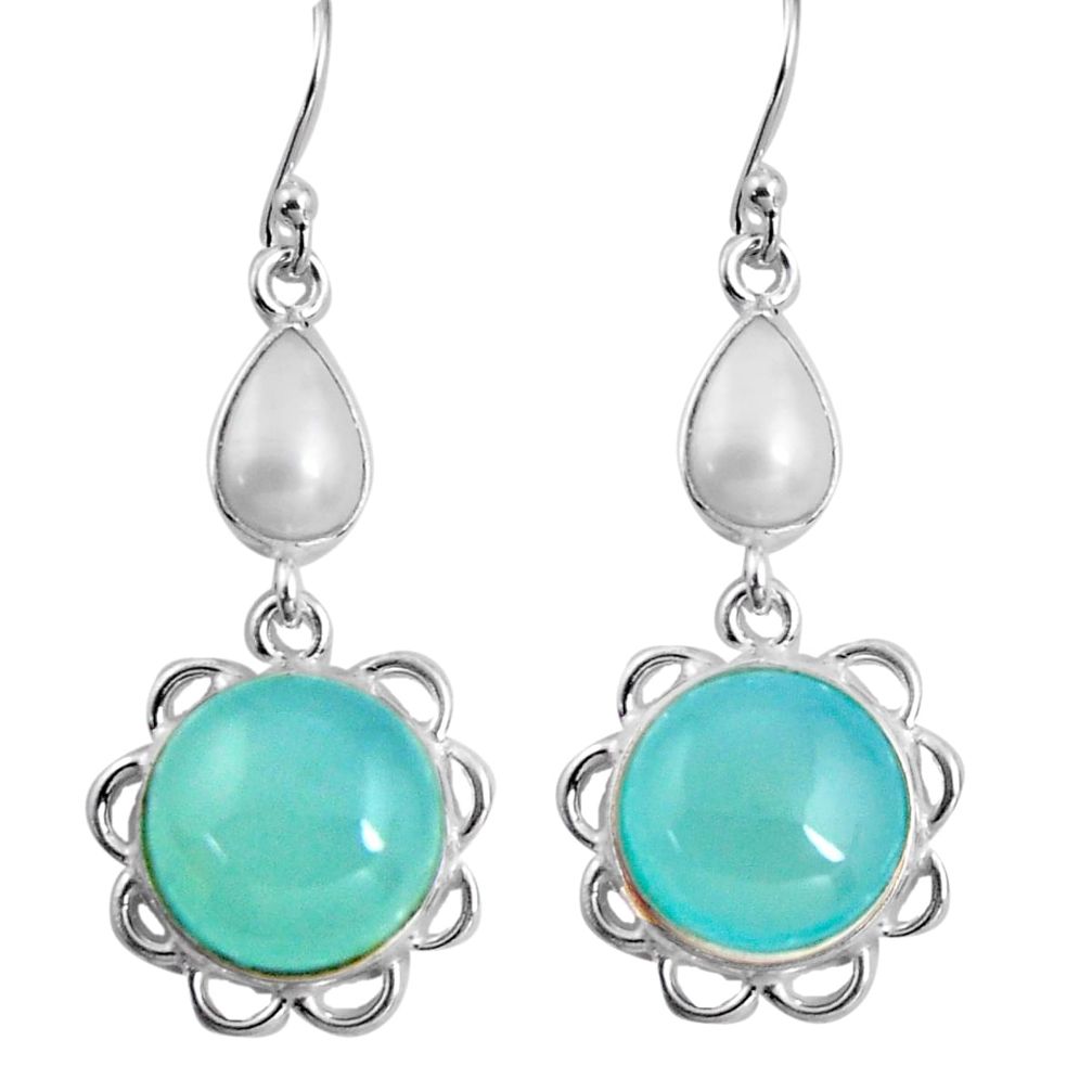 15.34cts natural aqua chalcedony white pearl 925 silver dangle earrings p89281