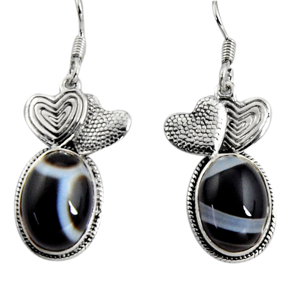 13.46cts natural black botswana agate 925 silver couple hearts earrings d32393