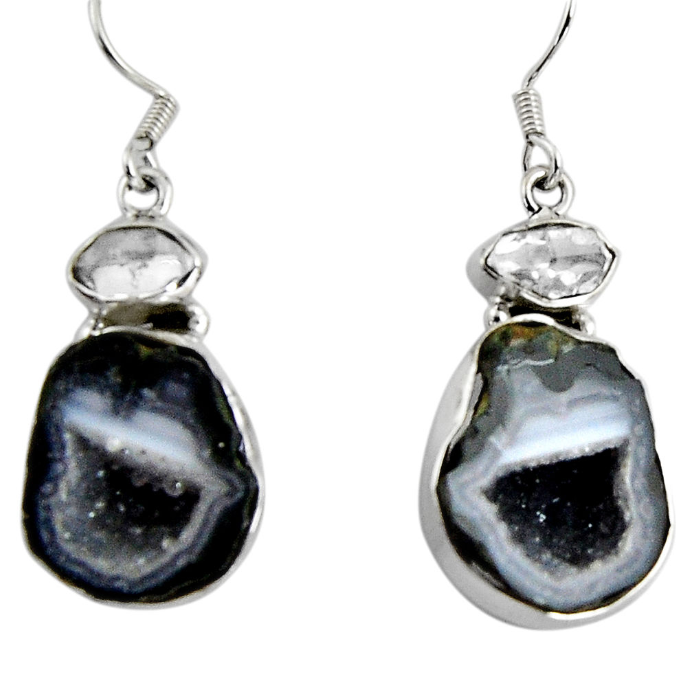 16.92cts natural black geode druzy 925 silver dangle earrings jewelry d32364