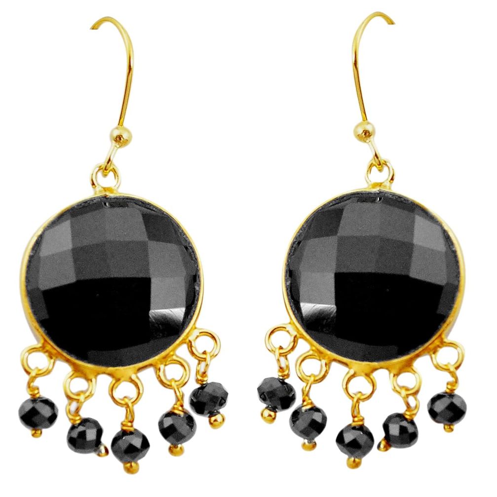20.70cts natural black onyx 925 sterling silver 14k gold dangle earrings p50090