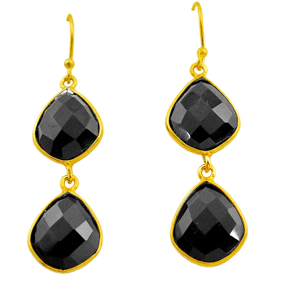20.74cts natural black onyx 925 sterling silver 14k gold dangle earrings p75209