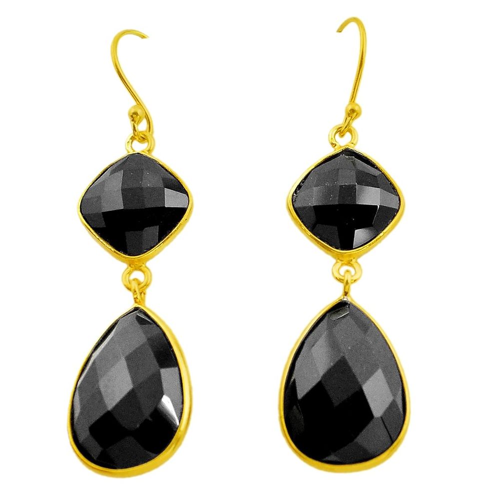 23.23cts natural black onyx 925 sterling silver 14k gold dangle earrings p75221