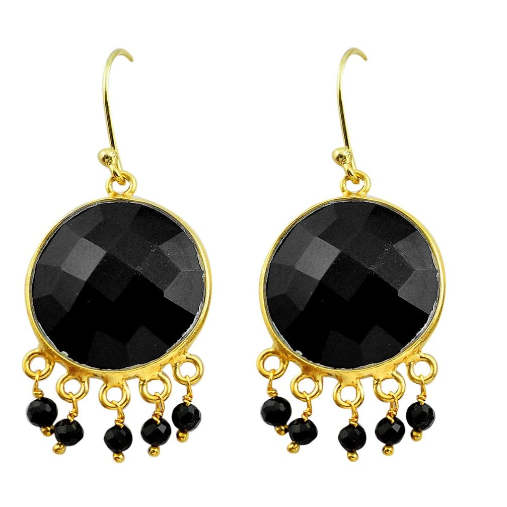 26.15cts natural black onyx 925 sterling silver 14k gold dangle earrings p75342