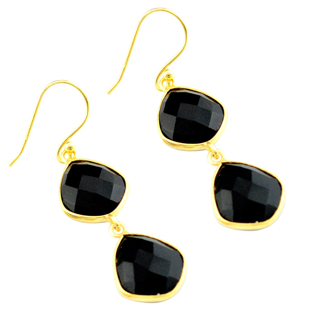 18.36cts natural black onyx 925 sterling silver 14k gold dangle earrings p75502