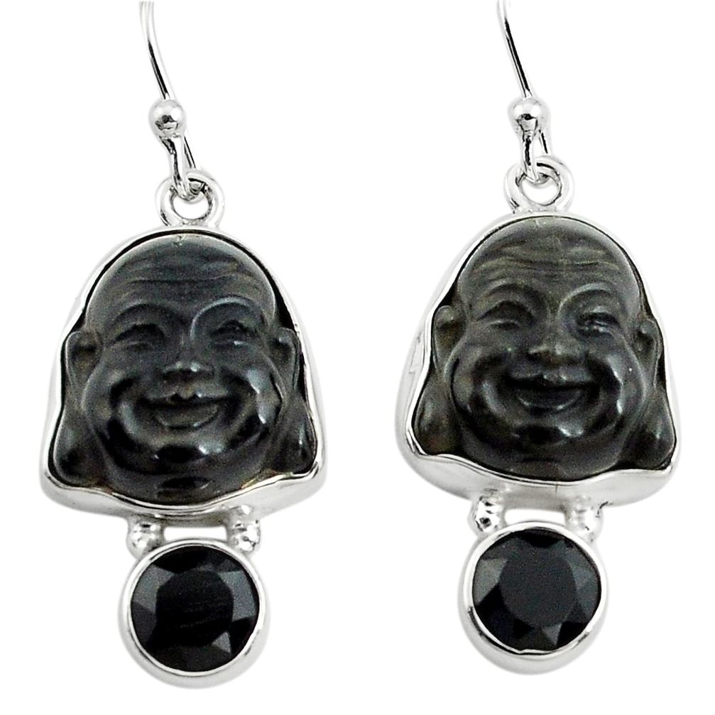 16.73cts natural black onyx 925 sterling silver buddha charm earrings p78207