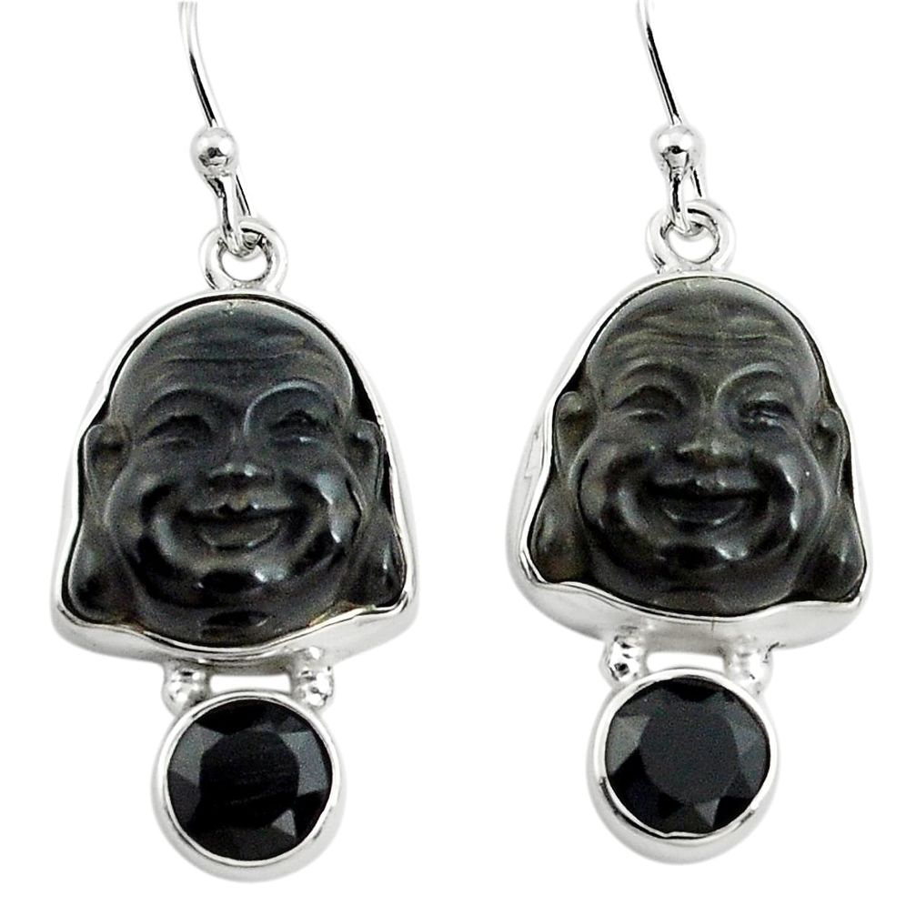 16.73cts natural black onyx 925 sterling silver buddha charm earrings p78209