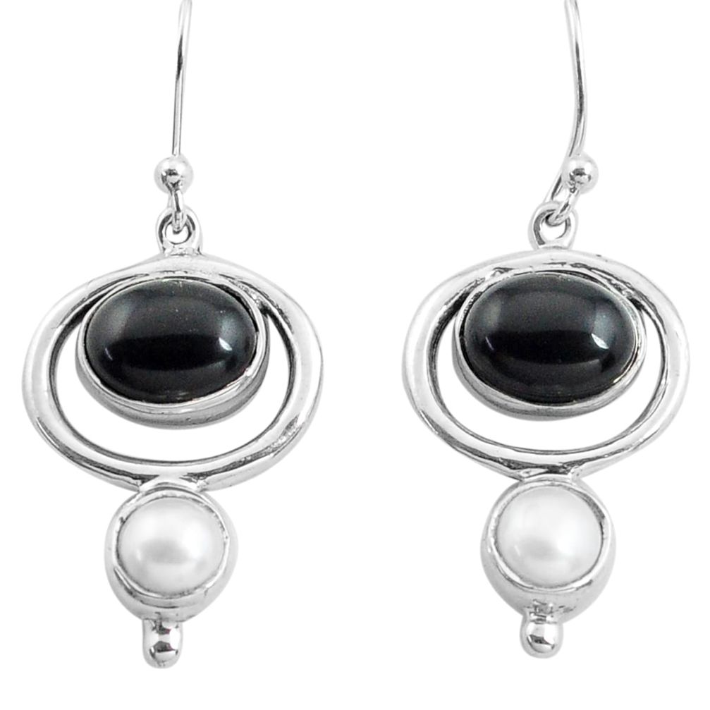 7.51cts natural black onyx pearl 925 sterling silver dangle earrings p77544